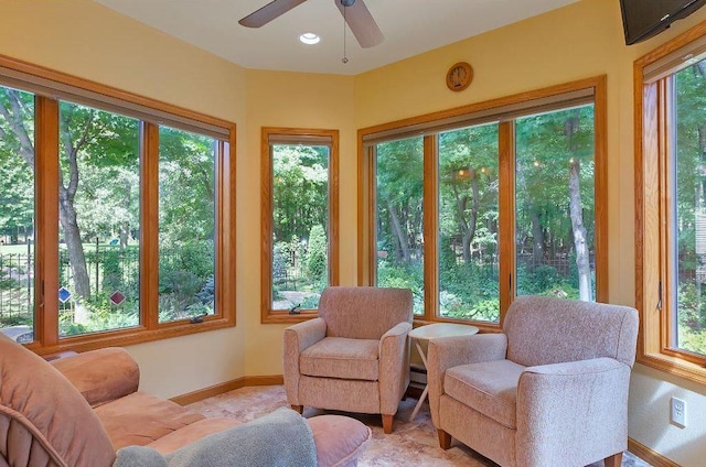 sunroom / solarium featuring ceiling fan