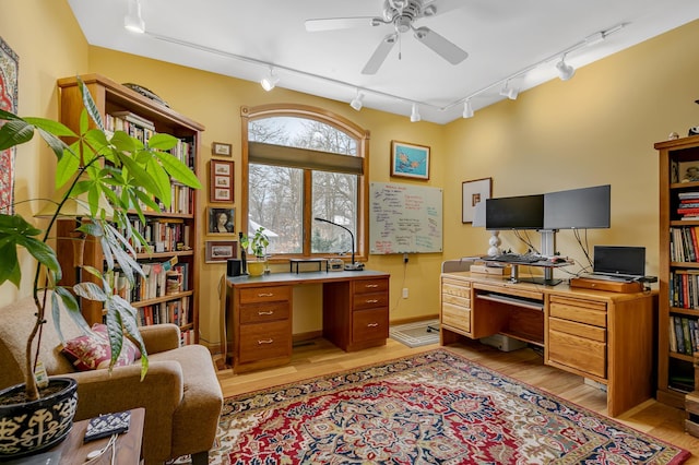 office area featuring ceiling fan, light wood-type flooring, and track lighting