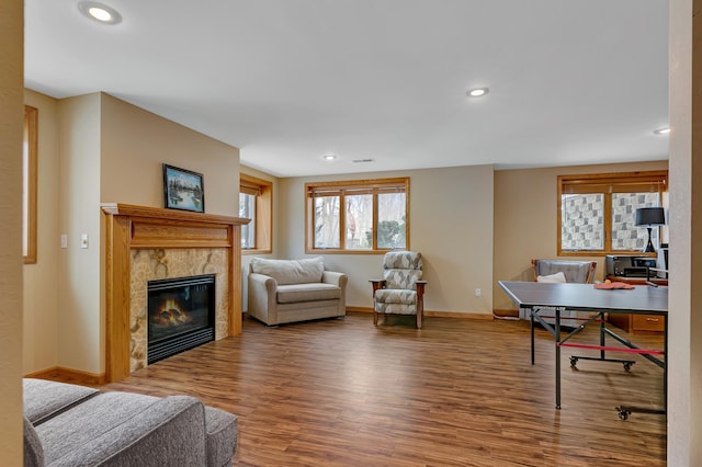 living room with a tiled fireplace and wood-type flooring