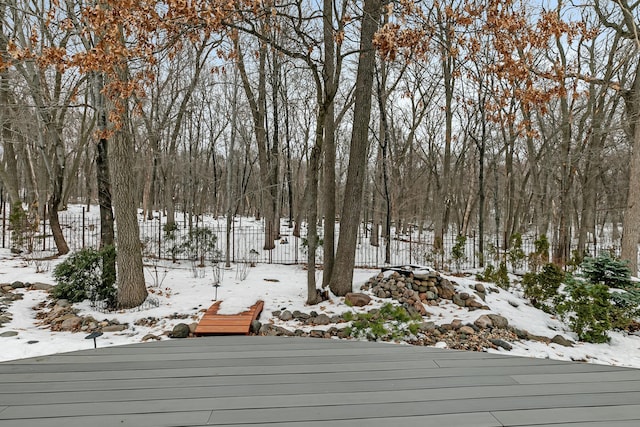 view of snow covered deck