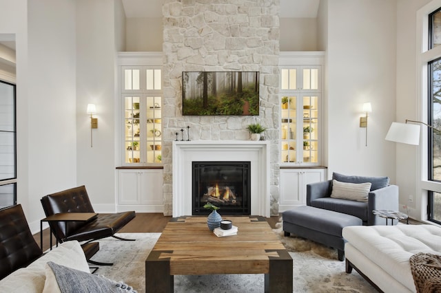 935 Lakewood Hills Rd, Eagan, MN 55123 - living room with a fireplace, a high ceiling, and wood finished floors