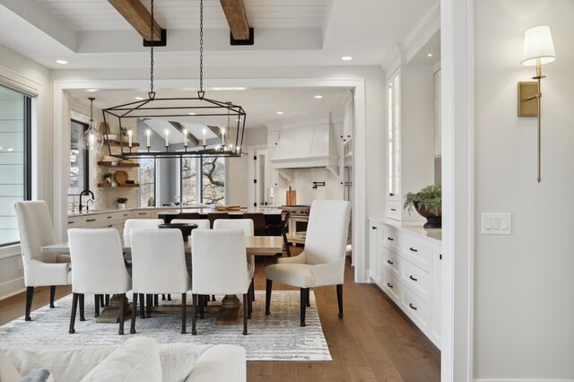 935 Lakewood Hills Rd, Eagan, MN 55123 - dining space featuring a chandelier, wood finished floors, recessed lighting, and beam ceiling