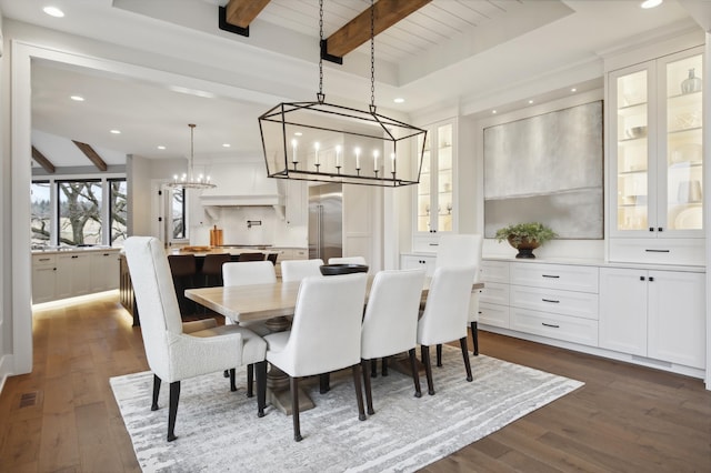 935 Lakewood Hills Rd, Eagan, MN 55123 - dining area with a chandelier, recessed lighting, dark wood-type flooring, and beamed ceiling