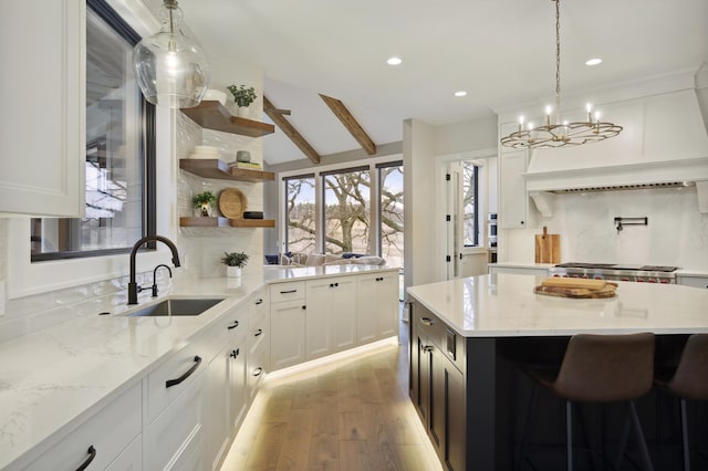 935 Lakewood Hills Rd, Eagan, MN 55123 - kitchen with a sink, light wood-type flooring, open shelves, tasteful backsplash, and recessed lighting