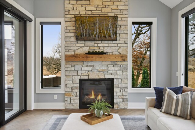 935 Lakewood Hills Rd, Eagan, MN 55123 - living area with healthy amount of natural light, wood finished floors, vaulted ceiling, a stone fireplace, and baseboards