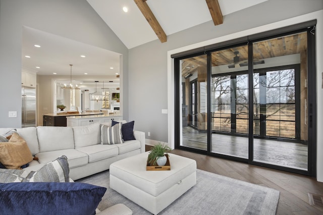 935 Lakewood Hills Rd, Eagan, MN 55123 - living room with a chandelier, wood-type flooring, beamed ceiling, recessed lighting, and high vaulted ceiling