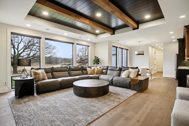 935 Lakewood Hills Rd, Eagan, MN 55123 - living room with hardwood / wood-style flooring, baseboards, beamed ceiling, wooden ceiling, and recessed lighting