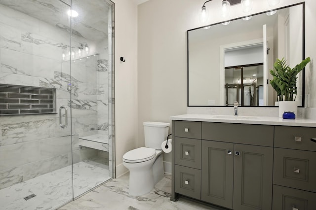 935 Lakewood Hills Rd, Eagan, MN 55123 - bathroom featuring marble look tiles, toilet, a shower stall, vanity, and baseboards