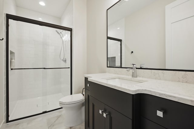 935 Lakewood Hills Rd, Eagan, MN 55123 - bathroom with toilet, a stall shower, marble finish floors, vanity, and recessed lighting