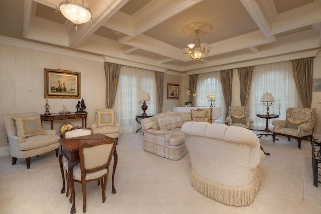 interior space featuring coffered ceiling, beam ceiling, ornamental molding, and a chandelier