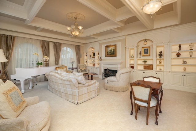 living room with light carpet, beam ceiling, a chandelier, and coffered ceiling