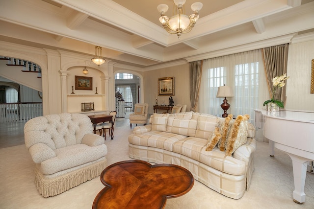 carpeted living room featuring coffered ceiling, an inviting chandelier, ornamental molding, and beam ceiling