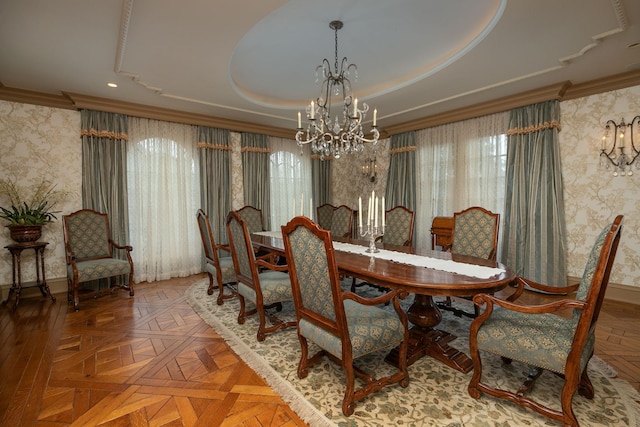 dining space with an inviting chandelier, parquet flooring, and a raised ceiling