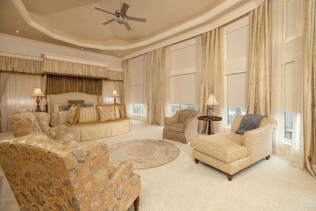 interior space featuring ceiling fan, ornamental molding, and a raised ceiling