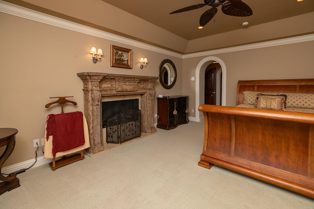 bedroom with ceiling fan and light carpet