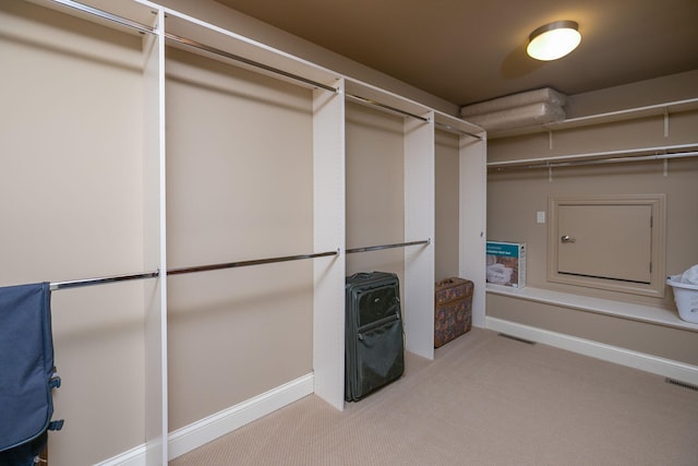 walk in closet with light colored carpet