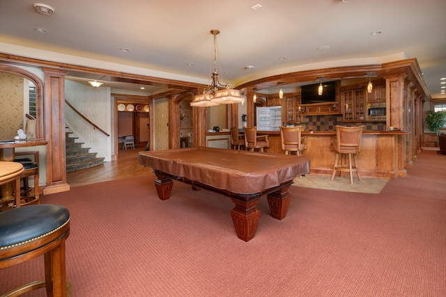 game room featuring bar area, carpet floors, and billiards