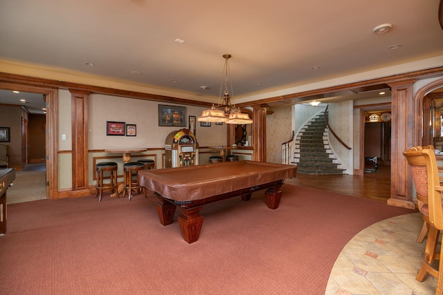 game room with carpet floors, billiards, and decorative columns