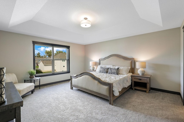 carpeted bedroom with a tray ceiling