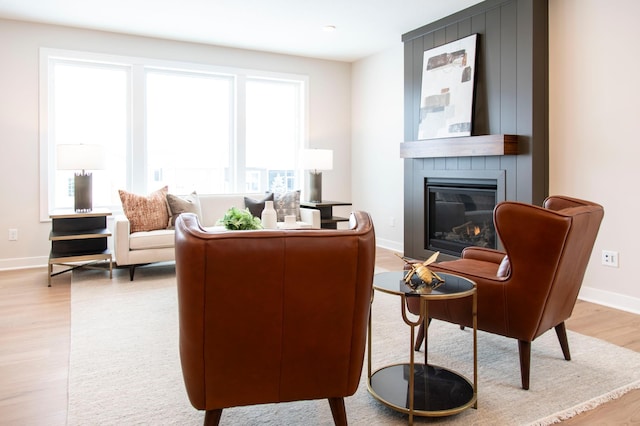 living area featuring light wood-type flooring and a fireplace