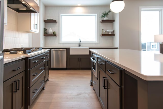 kitchen featuring appliances with stainless steel finishes, backsplash, light hardwood / wood-style flooring, and sink