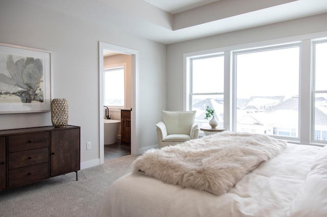 carpeted bedroom featuring connected bathroom and access to outside