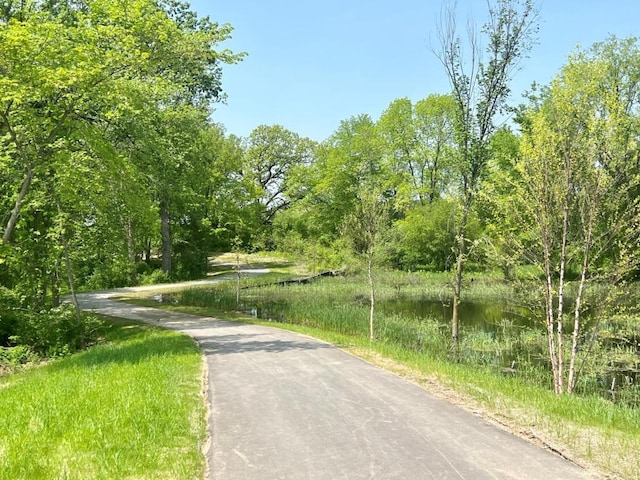 view of street with a water view