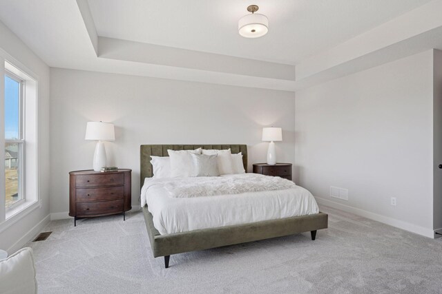 carpeted bedroom with a tray ceiling, visible vents, and baseboards