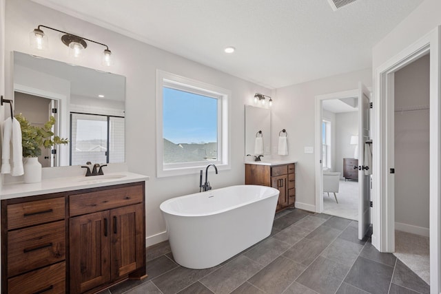 bathroom featuring a freestanding tub, a shower stall, two vanities, and a sink