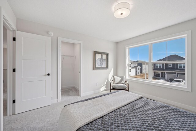 bedroom with a spacious closet, a closet, carpet flooring, and baseboards