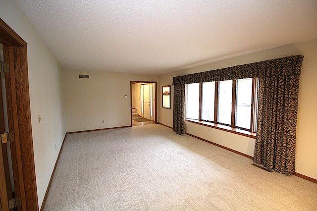 empty room featuring light colored carpet and a textured ceiling