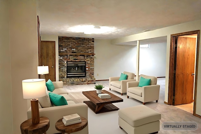 living room featuring a brick fireplace