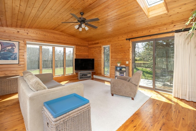 living room with wood ceiling, a healthy amount of sunlight, lofted ceiling with skylight, and wood walls