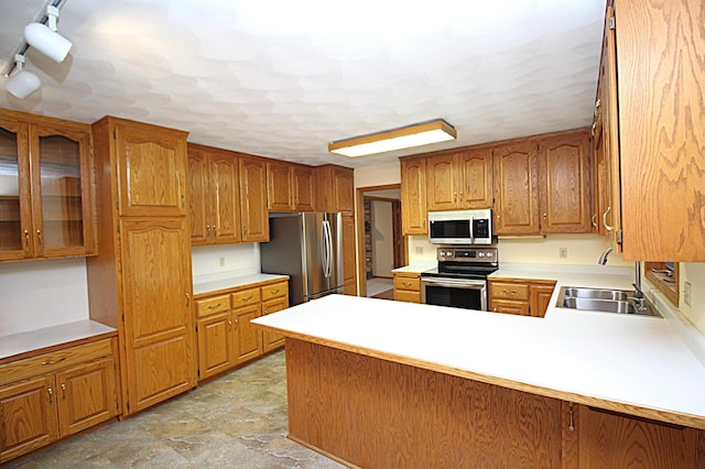 kitchen featuring appliances with stainless steel finishes, kitchen peninsula, and sink