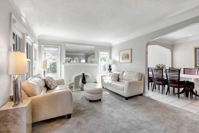 living room featuring light colored carpet and a textured ceiling