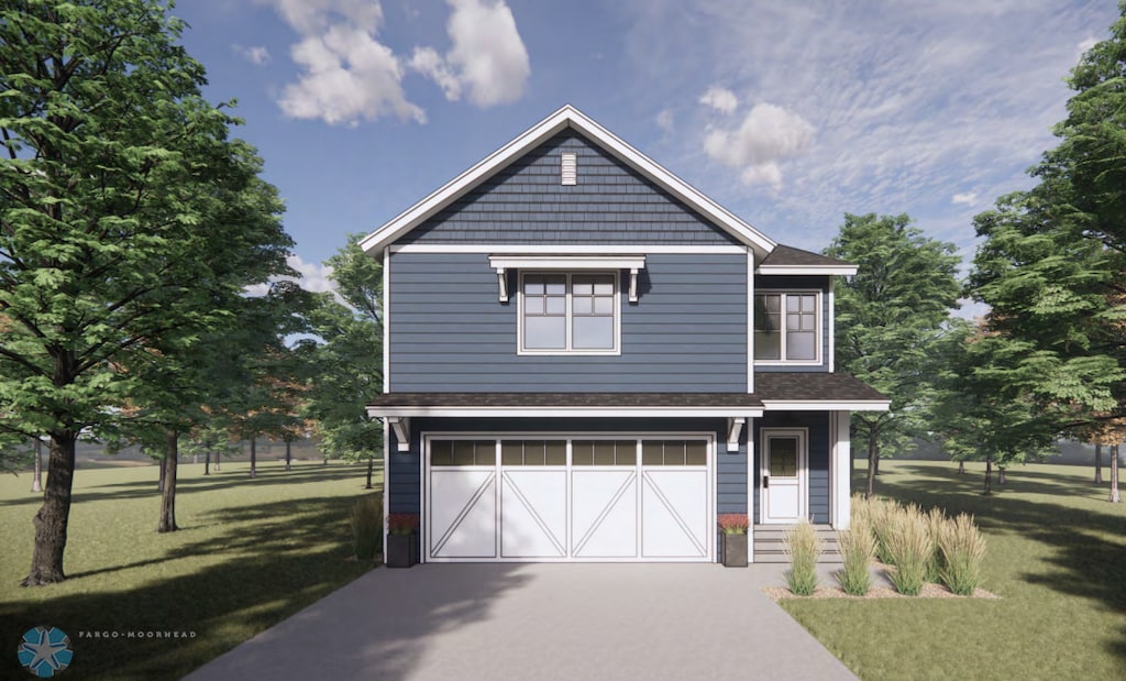 view of front facade with a front yard and a garage