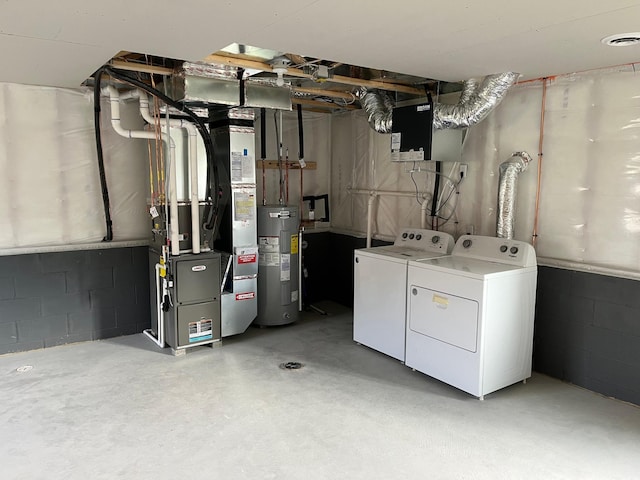 interior space featuring separate washer and dryer, heating utilities, and water heater