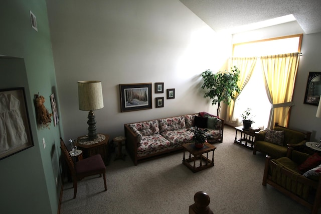 living room featuring a textured ceiling, a wealth of natural light, and carpet floors