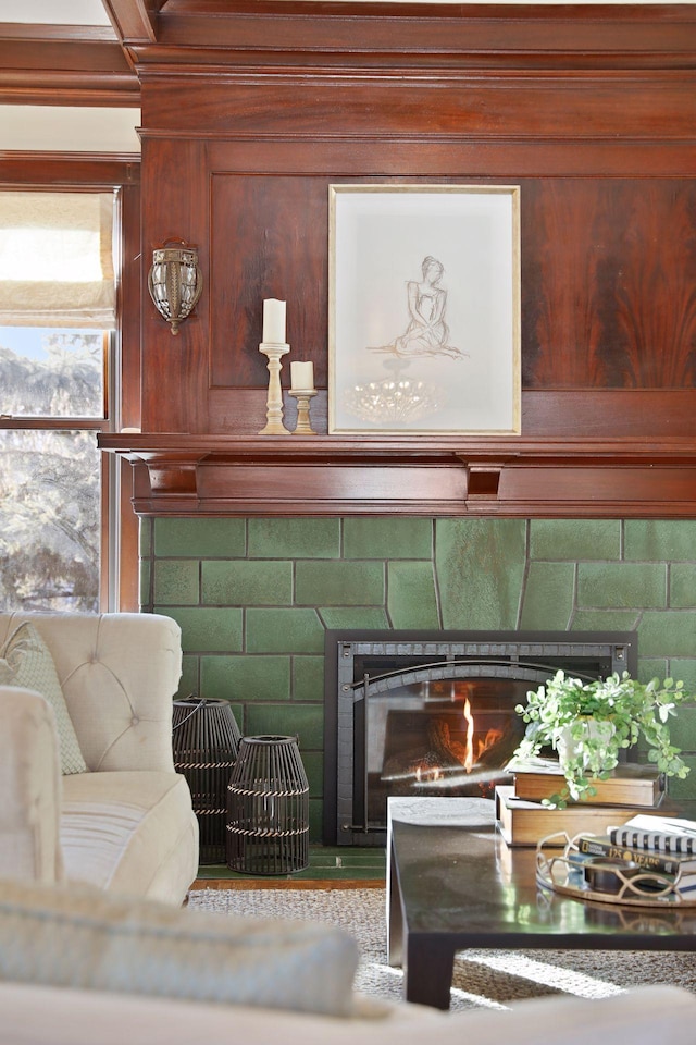 room details featuring a tiled fireplace