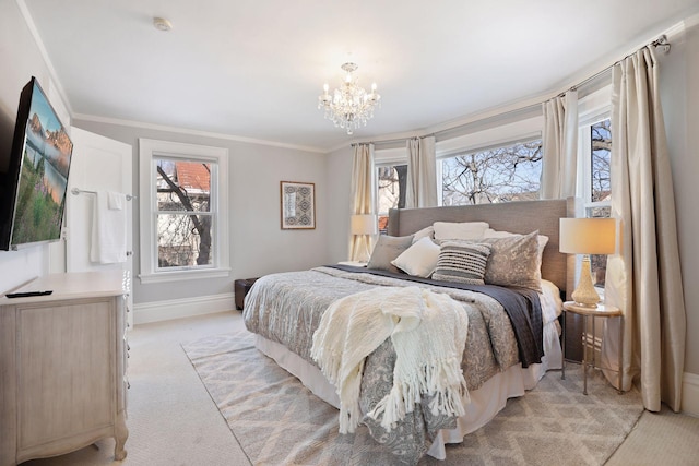 bedroom featuring light colored carpet, crown molding, and multiple windows