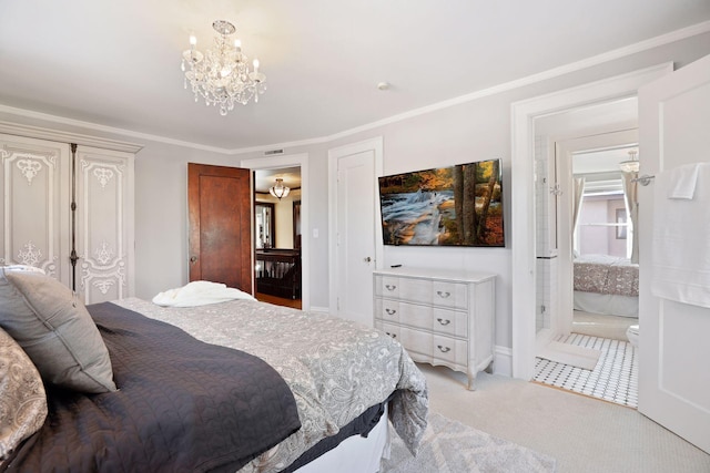 bedroom featuring light colored carpet, connected bathroom, crown molding, and an inviting chandelier