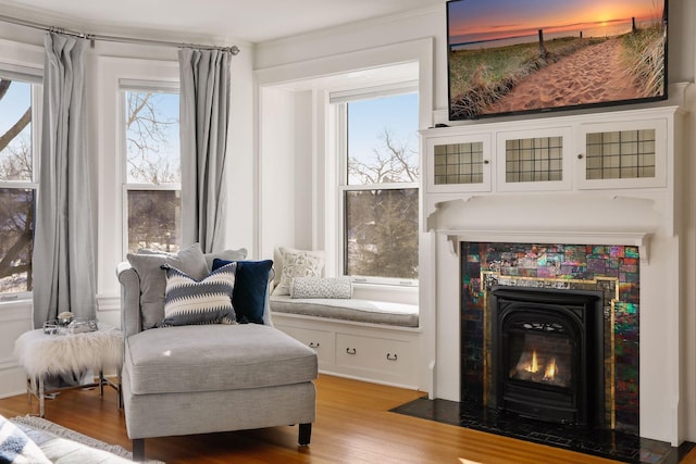 living area featuring light hardwood / wood-style floors, a wood stove, a wealth of natural light, and crown molding