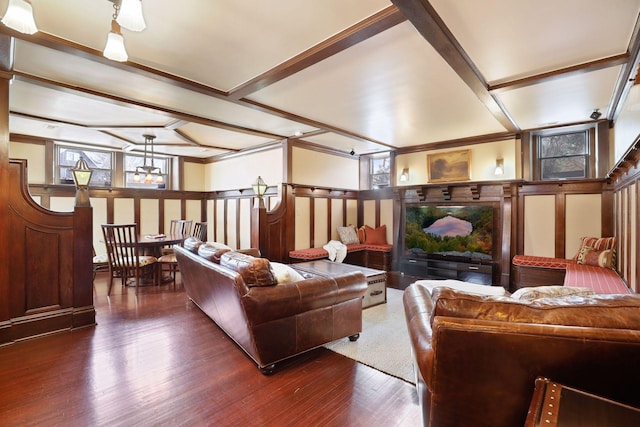 living room with dark hardwood / wood-style flooring