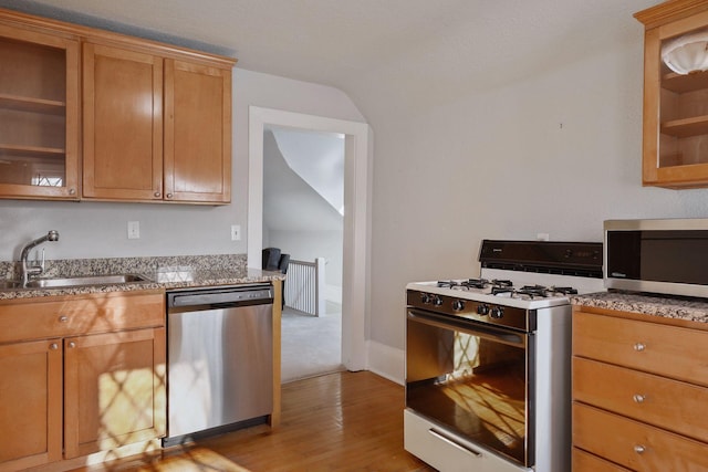 kitchen with appliances with stainless steel finishes, sink, and light hardwood / wood-style flooring