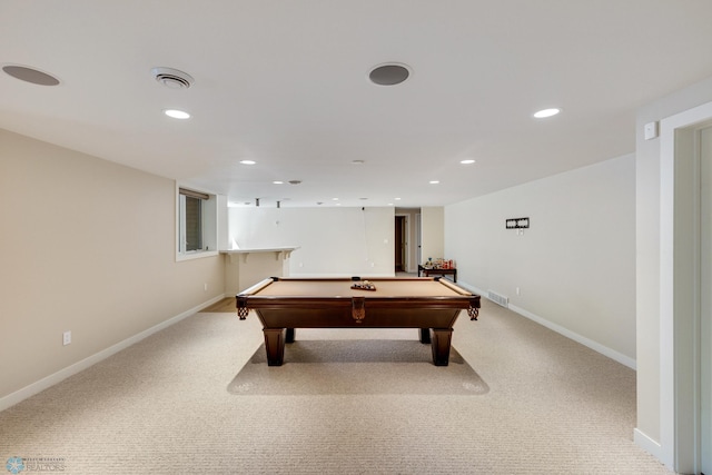 playroom featuring light colored carpet and billiards