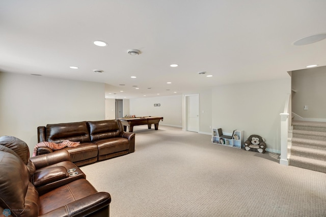 living room with light colored carpet and billiards