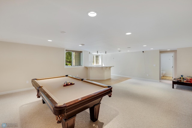 game room featuring light colored carpet and pool table