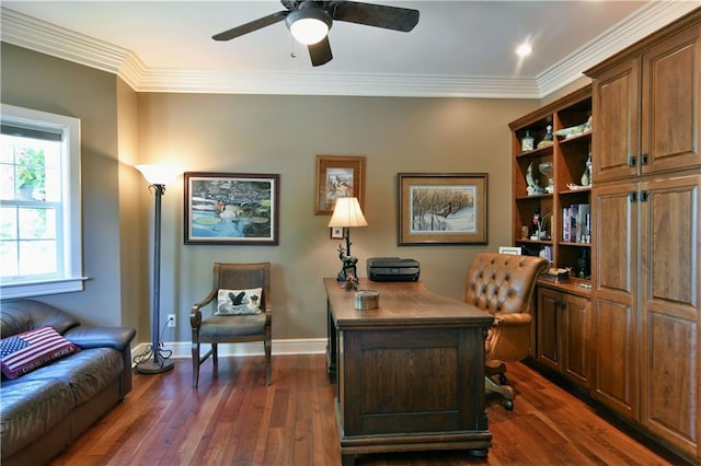 office area featuring ceiling fan, dark wood-type flooring, and ornamental molding