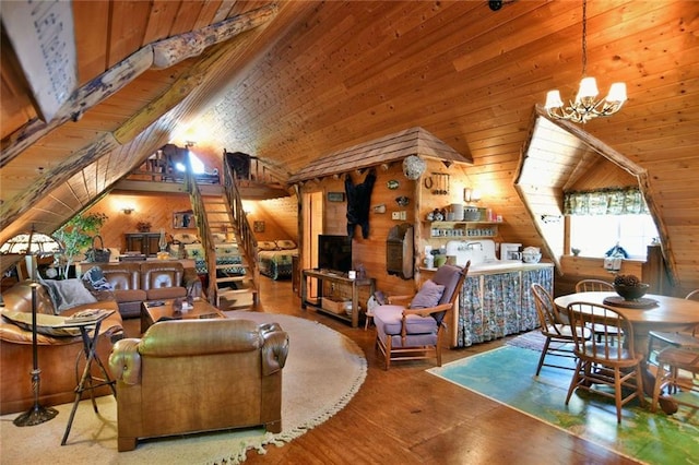 living room featuring a notable chandelier, wooden walls, and vaulted ceiling