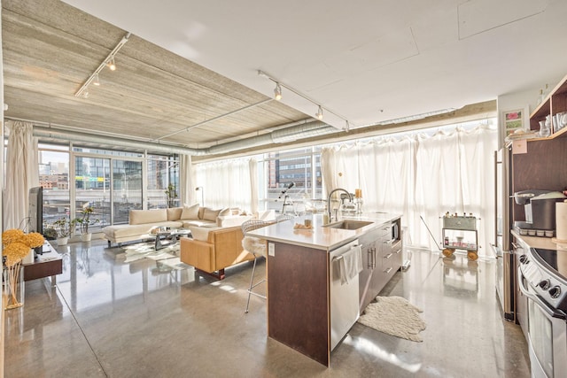 kitchen featuring appliances with stainless steel finishes, sink, an island with sink, and plenty of natural light